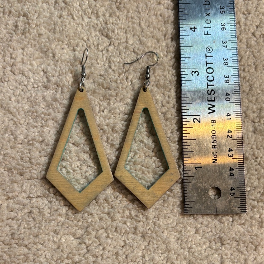 Layered Wooden Geometric Drop Earrings with Teal Edge